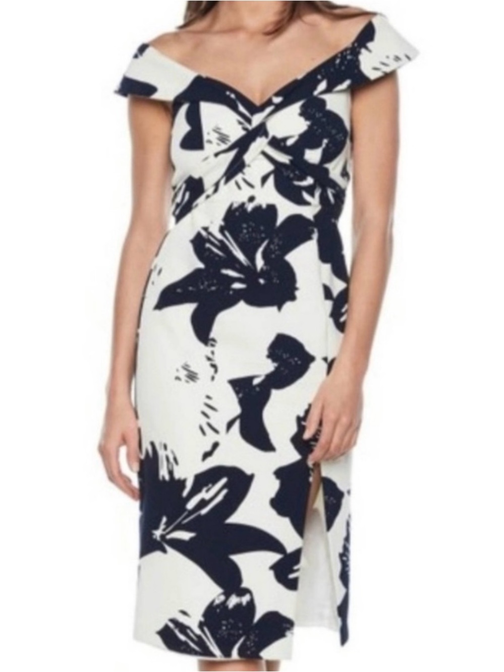 Bardot Off-Shoulder White and Navy Floral Midi Dress